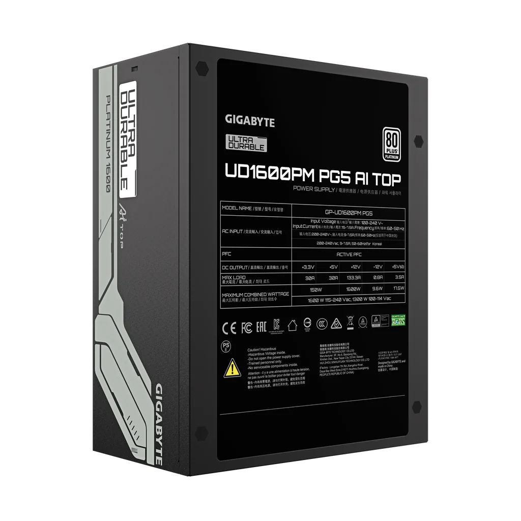 Gigabyte UD1600PM PG5 AI TOP 1600W 80 PLUS Platinum Fully Modular ATX 3.1 PCIe 5.0 Power Supply 6 Gigabyte UD1600PM PG5 AI TOP 1600W 80 PLUS Platinum Fully Modular ATX 3.1 PCIe 5.0 Power Supply
