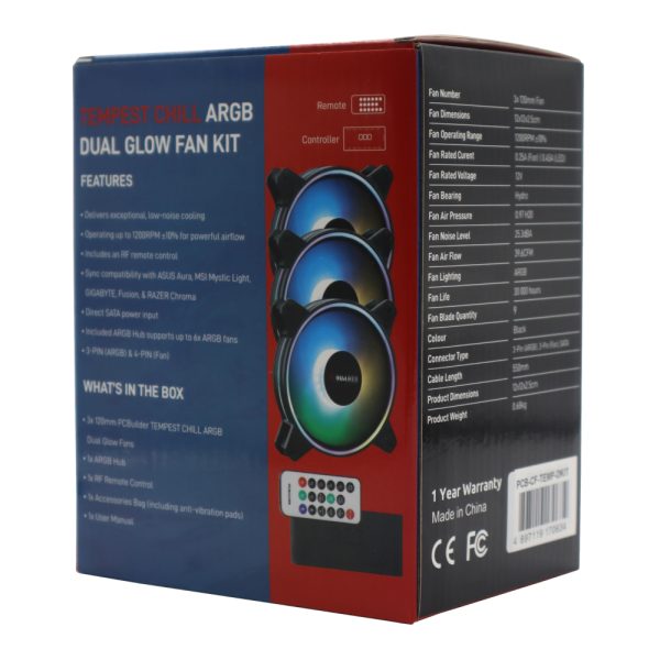 PCBuilder TEMPEST CHILL 3-Pack 120mm Dual Glow ARGB Fan Kit with Controller & RF Remote 5 PCBuilder TEMPEST CHILL 3-Pack 120mm Dual Glow ARGB Fan Kit with Controller & RF Remote